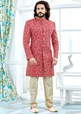Red Art Silk Readymade Groom Sherwani