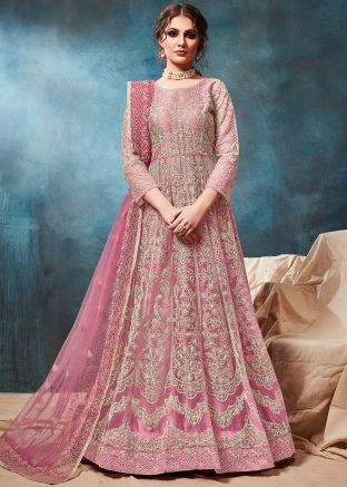 Pink Net Embroidered Anarkali Salwar Kameez