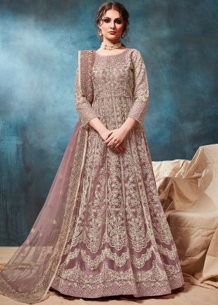 Embroidered Anarkali Suit in Mauve Purple
