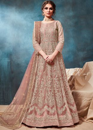 Embroidered Net Anarkali Salwar Kameez in Peach