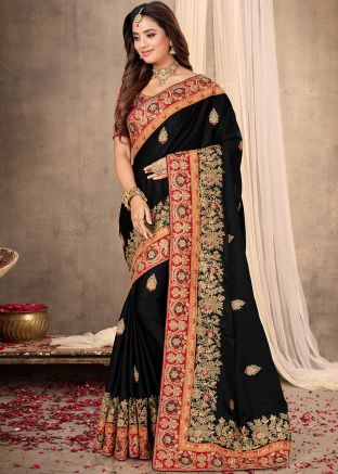 Black Heavy Border Embroidered Satin Saree