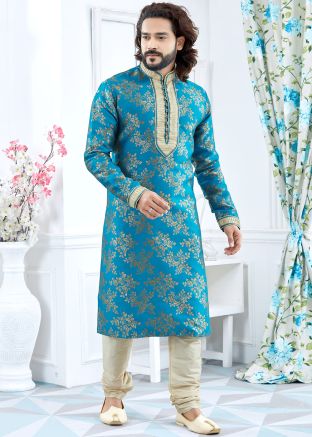 Sky Blue Art Silk Readymade Kurta Churidar
