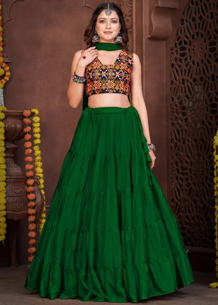 Green Embroidered Navratri Lehenga Choli In Crape