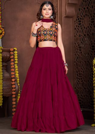 Maroon Crape Navratri Lehenga Choli In Embroidery