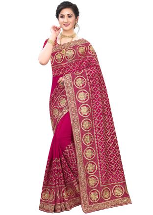 Pink Art Silk Heavy Border Embroidered Bridal Saree