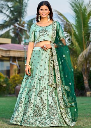 Green Embroidered Satin Lehenga Choli