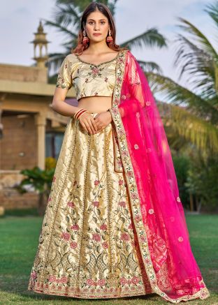 Cream Embroidered Lehenga Choli In Satin