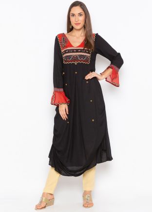 Black Bell Sleeved Asymmetric Printed Yoke Kurta Pant Set