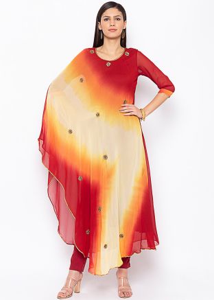 Red and Yellow Shaded Asymmetric Long Kurta Pant Set