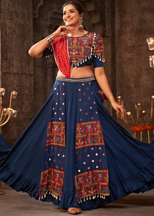 Blue Embroidered Navratri Lehenga Choli In Viscose
