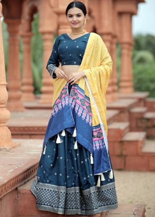 Blue Silk Lehenga Choli With Printed Dupatta