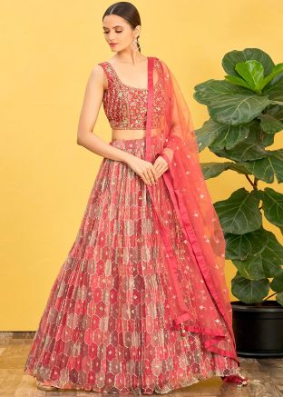 Red Mirror Work Lehenga Choli In Organza