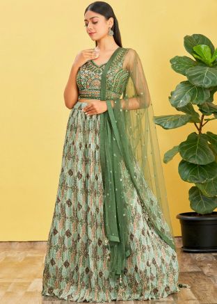 Green Sequins Embroidered Lehenga Choli