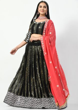 Black Embroidered Lehenga Choli Set In Georgette