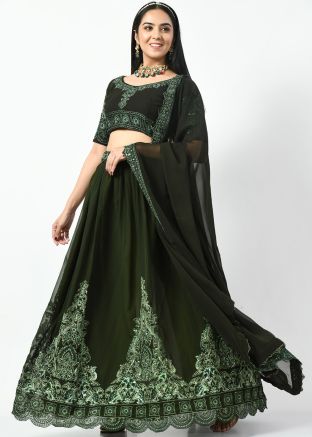 Green Embroidered Georgette Lehenga Choli Set