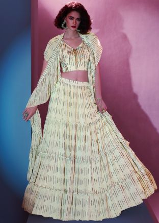 Beige  Embroidered Ruffled Lehenga Choli 