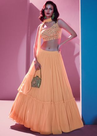 Orange  Ruffled Lehenga Choli In Georgette