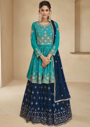 Blue Embroidered Kurti Style Lehenga 