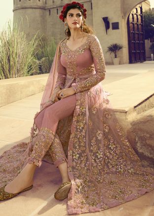Light Pink Net Embroidered Front Slit Pant Suit