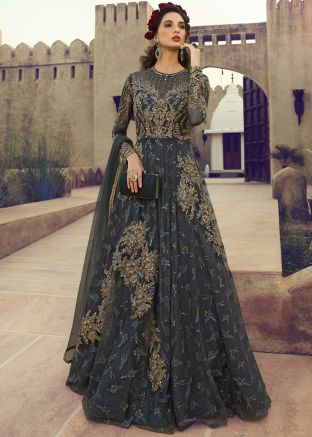 Embroidered Grey Anarkali Style Salwar Kameez
