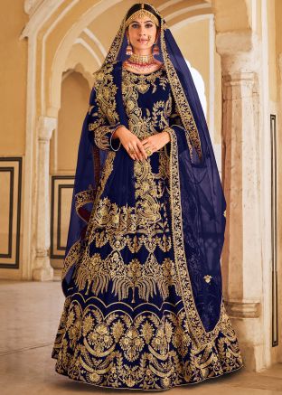 Blue Velvet Lehenga Choli In Dori Embroidery