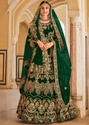 Green Embroidered Lehenga Choli In Velvet