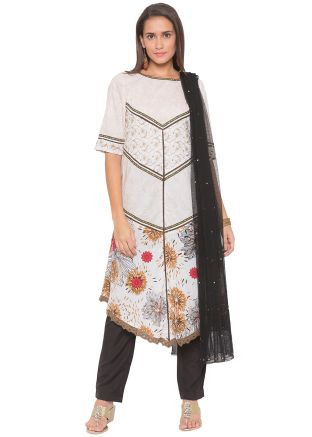 Asymmetric Floral Print Readymade White Pant Suit