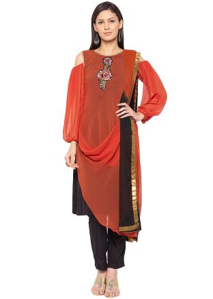 Orange Black Twin Layered Readymade Pant Suit