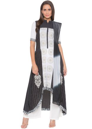 White Black Asymmetric Readymade Palazzo Suit