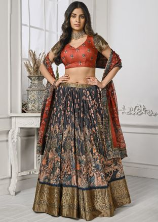 Black Printed Pleated Lehenga Choli in Silk