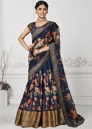 Navy Blue Floral Print Pleated Lehenga Choli