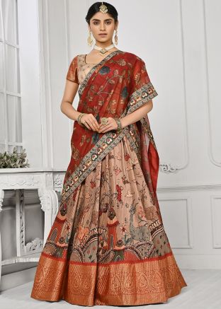 Beige Printed Pleated Style Silk Lehenga Choli