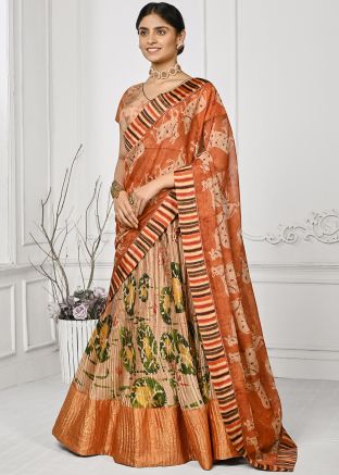 Beige Silk Pleated Lehenga Choli In Printed Work