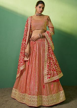 Red Embroidered Georgette Lehenga Choli