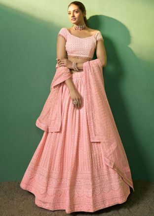 Pink Georgette Lehenga Choli In Dori Embroidery