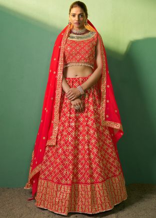 Red Embroidered Georgette Lehenga Choli Set