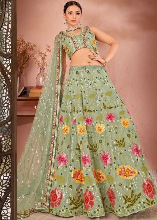 Green Embellished Georgette Lehenga Choli Set