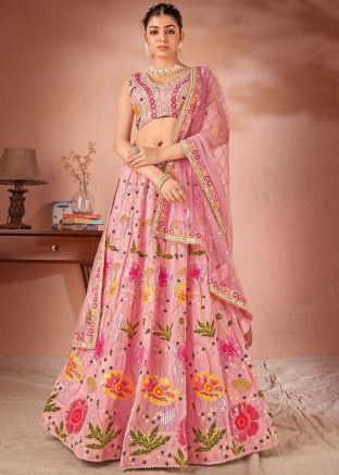 Pink Sequins Embellished Lehenga Choli In Georgette