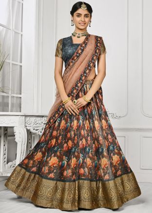 Grey Floral Printed Pleated Lehenga Choli In Silk