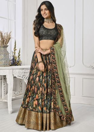 Black Silk Pleated Lehenga Choli In Floral Print