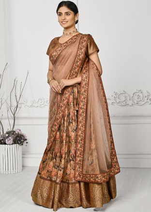 Brown Floral Print Pleated Lehenga Choli