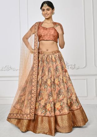 Brown Pleated Lehenga Choli In Floral Print