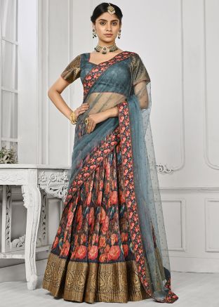 Grey Floral Printed Pleated Style Lehenga Choli