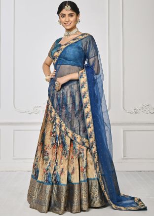 Cream Floral Print Pleated Lehenga Choli In Silk