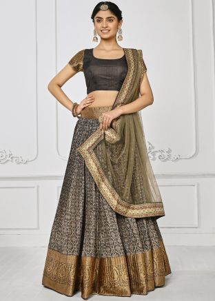 Black Digital Printed Silk Pleated Lehenga Choli