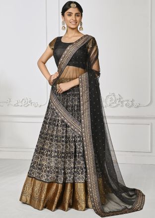 Black Silk Pleated Lehenga Choli In Digital Print
