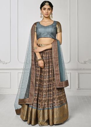 Brown Digital Printed Silk Lehenga Choli & Dupatta