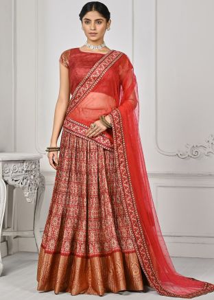 Red Pleated Lehenga Choli in Digital Print