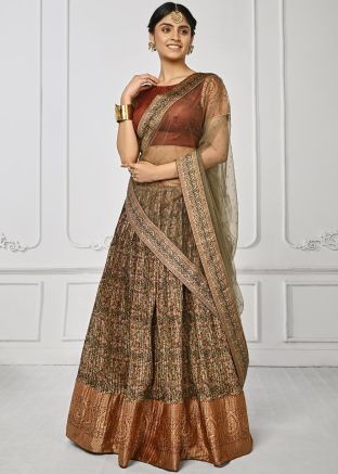 Brown Digital Print Pleated Lehenga Choli