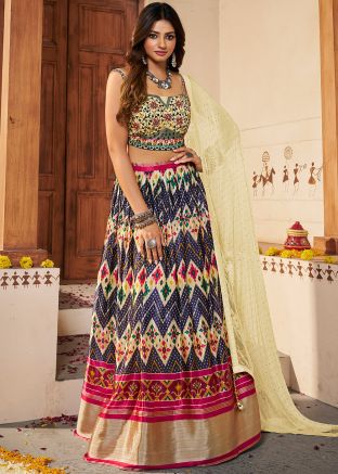 Multicolored Printed Silk Lehenga Choli & Dupatta